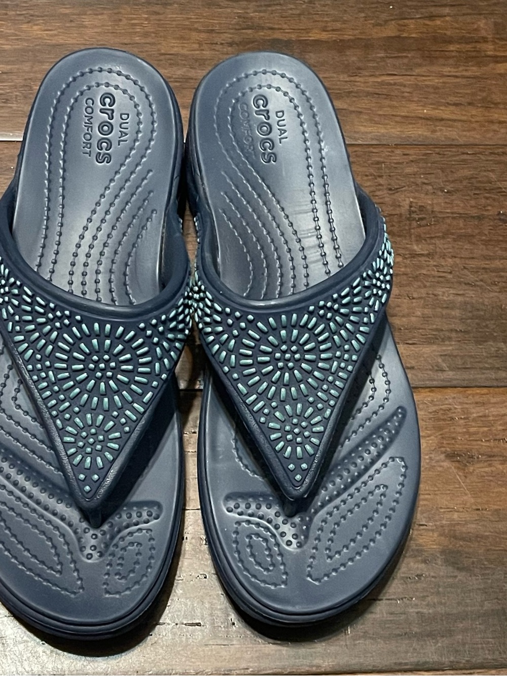 CROCS Women's Navy Blue Flip Sandals with Mint Bead Accents